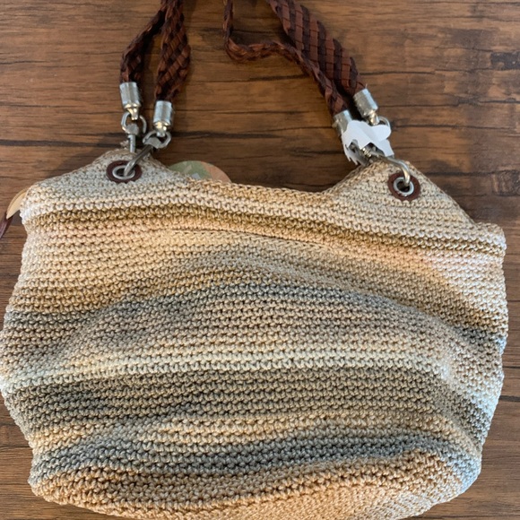 The Sak Crochet Purse Bag Braided Leather Handles Beige Grey Stripes NWT - Picture 2 of 6